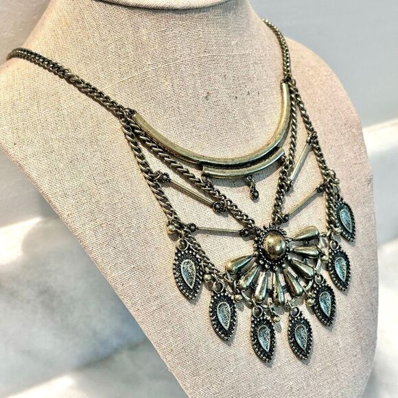 Vintage Zara Curb Chain Tube Bar Ethnic Bib Statement Necklace Silver-tone OS - Picture 2 of 2